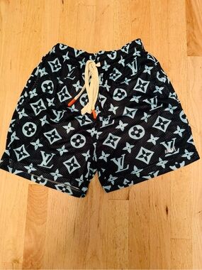 Men's Black Swim Trunks with Light Blue Monogram Louis Vuitton Print